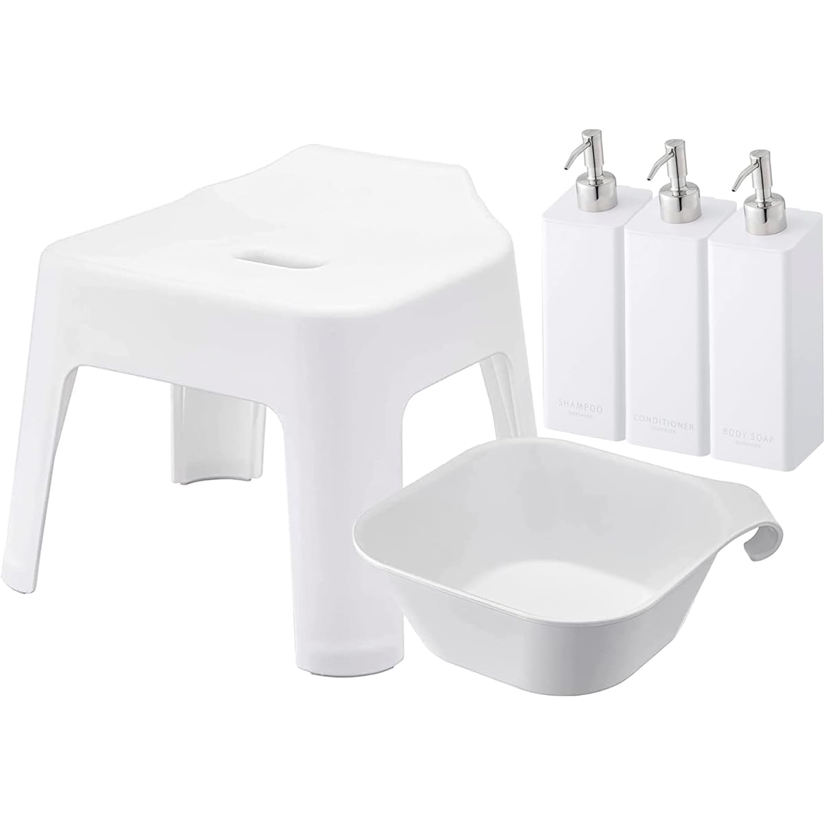 Yamazaki Jitsugyo Hanging Bath Chair, Seat Height 25cm + Magnet & Hanging Bathtub + Magnetic Dispenser Bottle Set of 3 [Set of 5] Tower White 5383 5378 4258 4260 4262