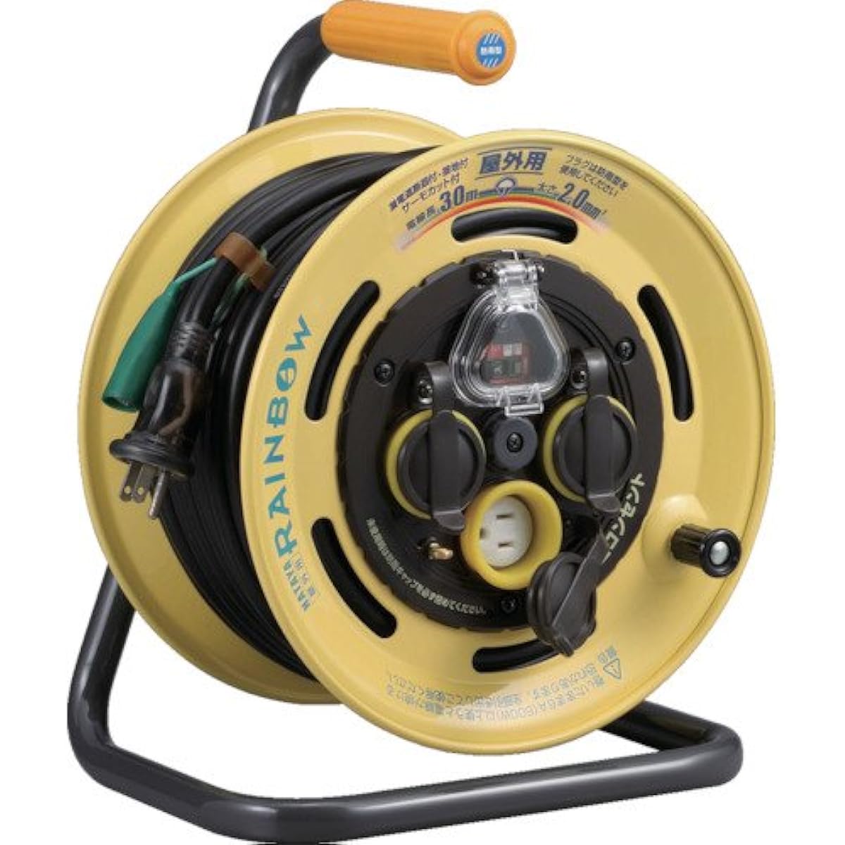 HATAYA Cord Reel, Outdoor (Rainproof), 100V Type, Cord 30m, Thickness 2.0㎟, Earth Leakage Breaker, Grounded, Built-in Temperature Sensor, Fukutobi Plug Specification, 3 2P/2P Grounded Rainproof Outlets, Outlet Rainproof Cap Comes with built-in pilot lamp