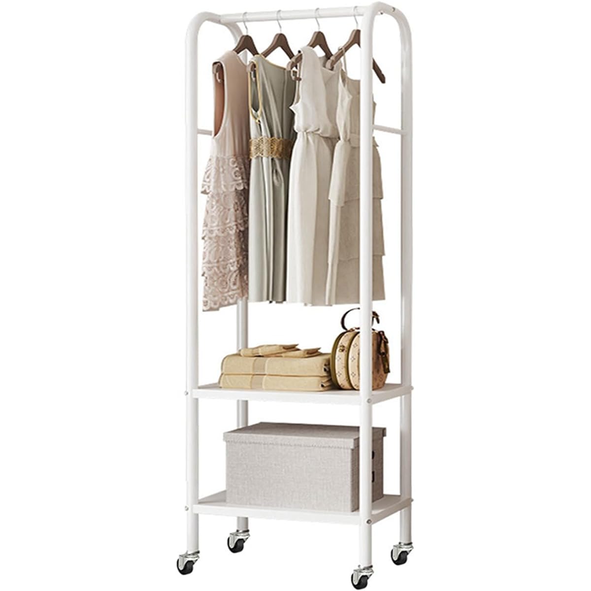 Huaniun Hanger Rack, Slim, Sturdy, 2 Tier Shelves with Casters, Clothes Rack, Display Storage, Coat Rack, Clothes Rack, Space Saving, Width 49 x Depth 33 x Height 176 cm, White