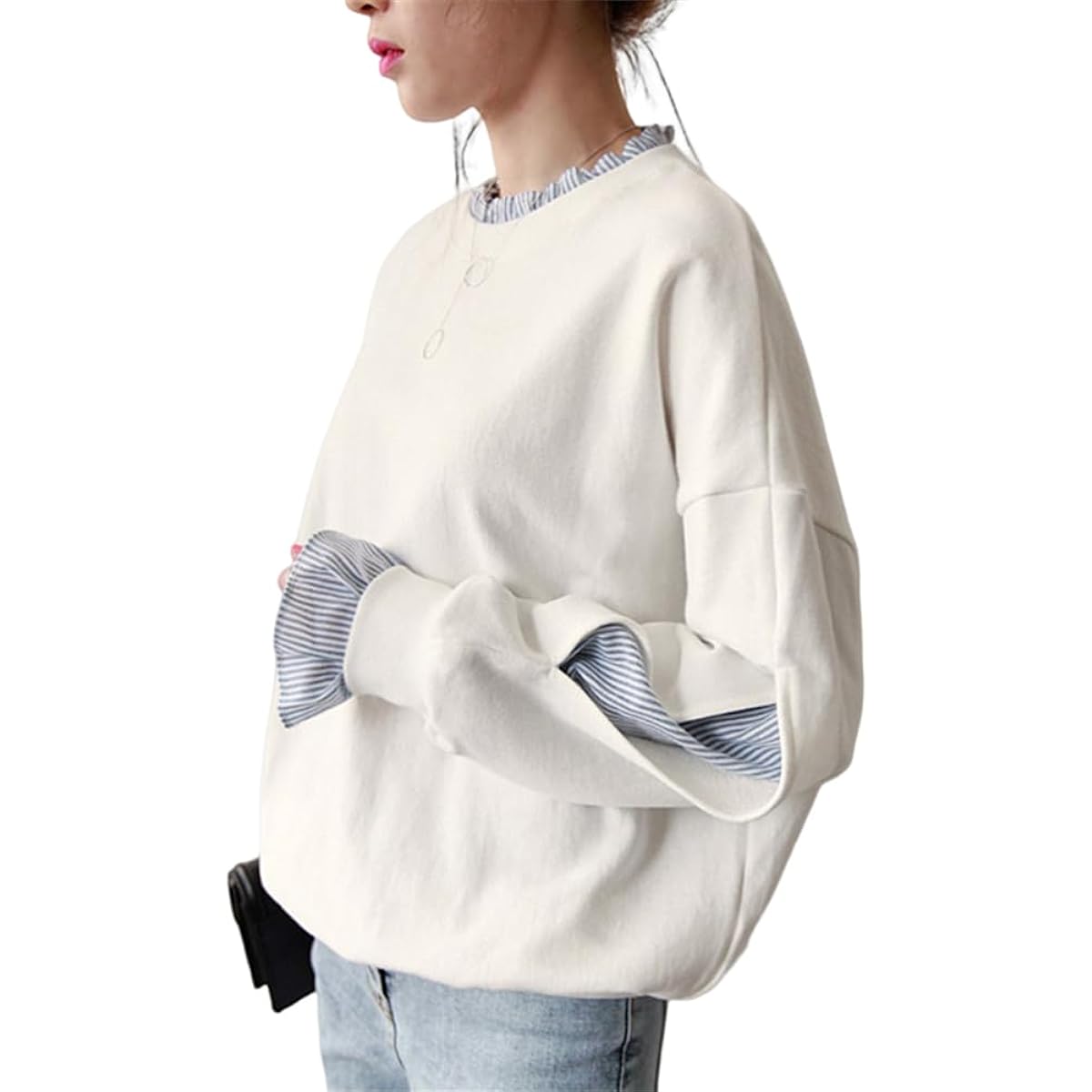 [Kayiyasu] Women's Top, Layered Style, Long Sleeve, Sweatshirt, Hoodie, Casual, Cute, Striped, Slimming, Everyday Wear, Spring, Autumn, M-2XL