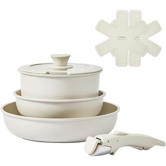 CAROTE Frying Pan Set, 7 Pieces, IH/Gas Fire Compatible, PFOA, PFOS Free, Pot Set, Removable Handle, Set for Living Alone, Marble Coat, Smooth Slip, Non-stick, Easy to Clean, Greige, One Year Warranty