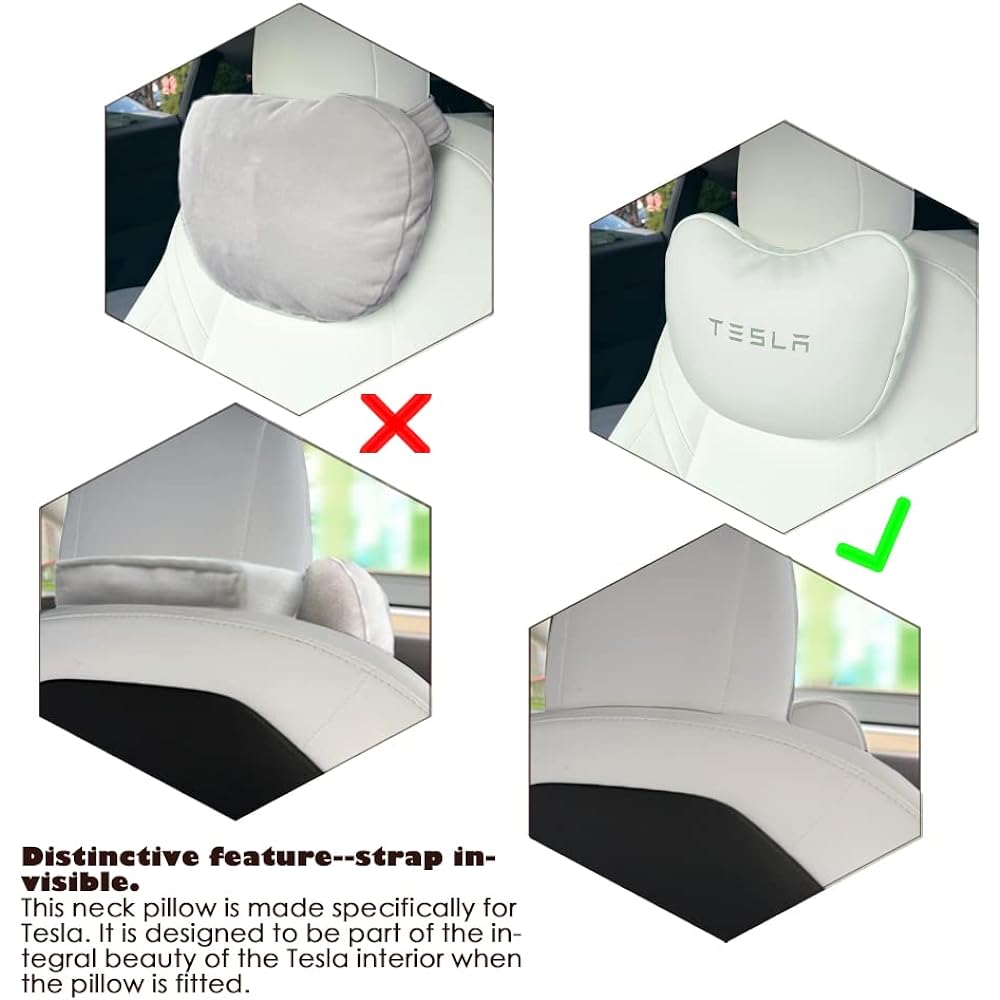 TANOLA TESBEAUTY TESLA Seat Headrest Pillow 2 Pack Tesla Neck Pillow Tesla Model Y/3 Neck Support Cushion Real Nappa Leather Wear Strap White