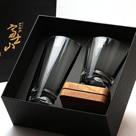[Premium Gift Set] Tajima Glass Mt. Fuji shines on the bottom Mt. Fuji glass set/Mt. Fuji rocks glass/Mt. Fuji tumbler/with wooden coaster
