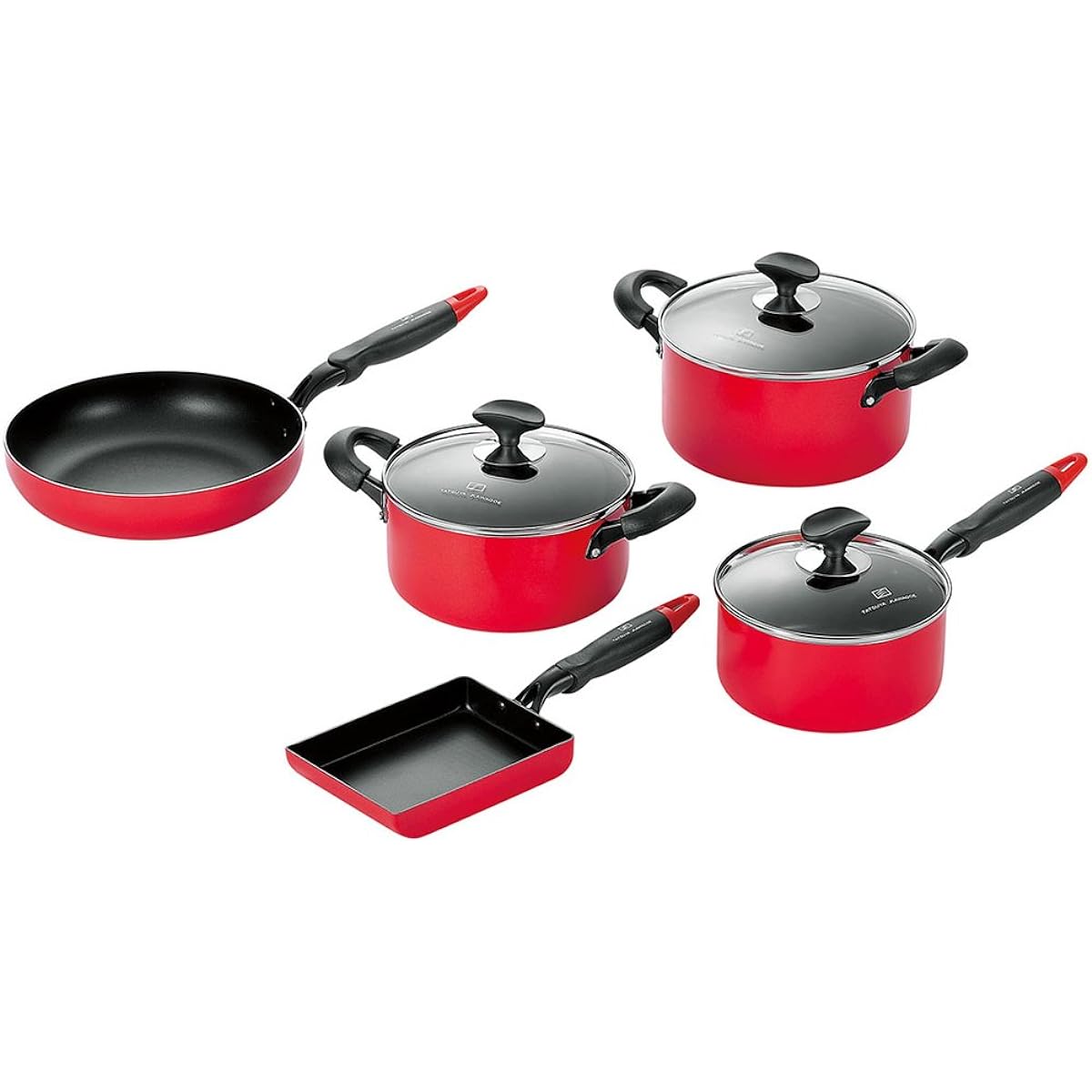 Yokoyama Tatsuya Kawagoe 5-piece set TKM-1500S Red Two-handed pot 22cm, two-handed pot 20cm, one-handed pot 18cm, frying pan 26cm, Tamagoyaki 13 x 18cm