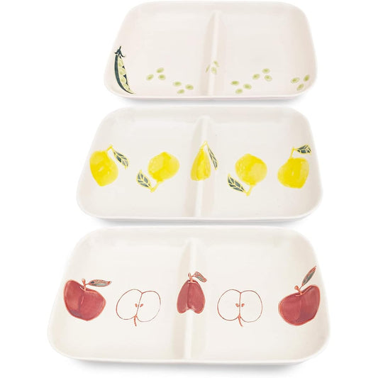 J-kitchens Kobo Sho~ Hasamiyaki Divider Plate Lunch Plate Set of 3 Microwave Safe Fresh Art (Apple Lemon Bean) Made in Japan