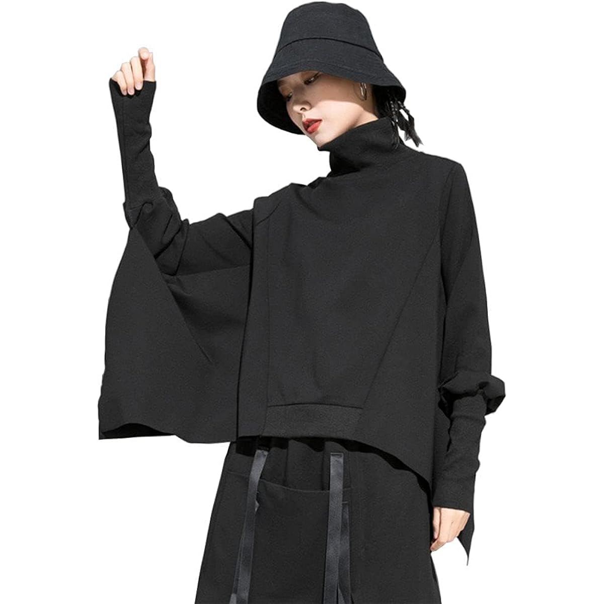 Morino Pullover Dolman Sweatshirt Women's Top Long Sleeve High Neck Beautiful Drape Deformation Mode Unique Adult Casual Black Autumn Winter