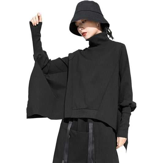 Morino Pullover Dolman Sweatshirt Women's Top Long Sleeve High Neck Beautiful Drape Deformation Mode Unique Adult Casual Black Autumn Winter