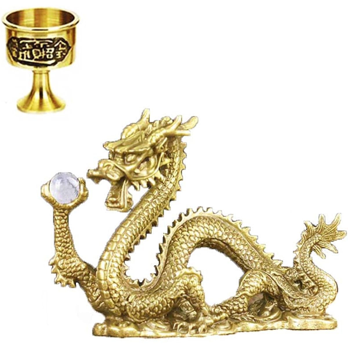 Shun Fortune Dragon Crystal Golden Dragon 0.6 inch (15 mm) Ball Crystal Gold Dragon Five Claw Dragon and Water Cup Set, Increases Effect with Dragon and Water Cup, Copper Feng Shui Goods, Feng Shui