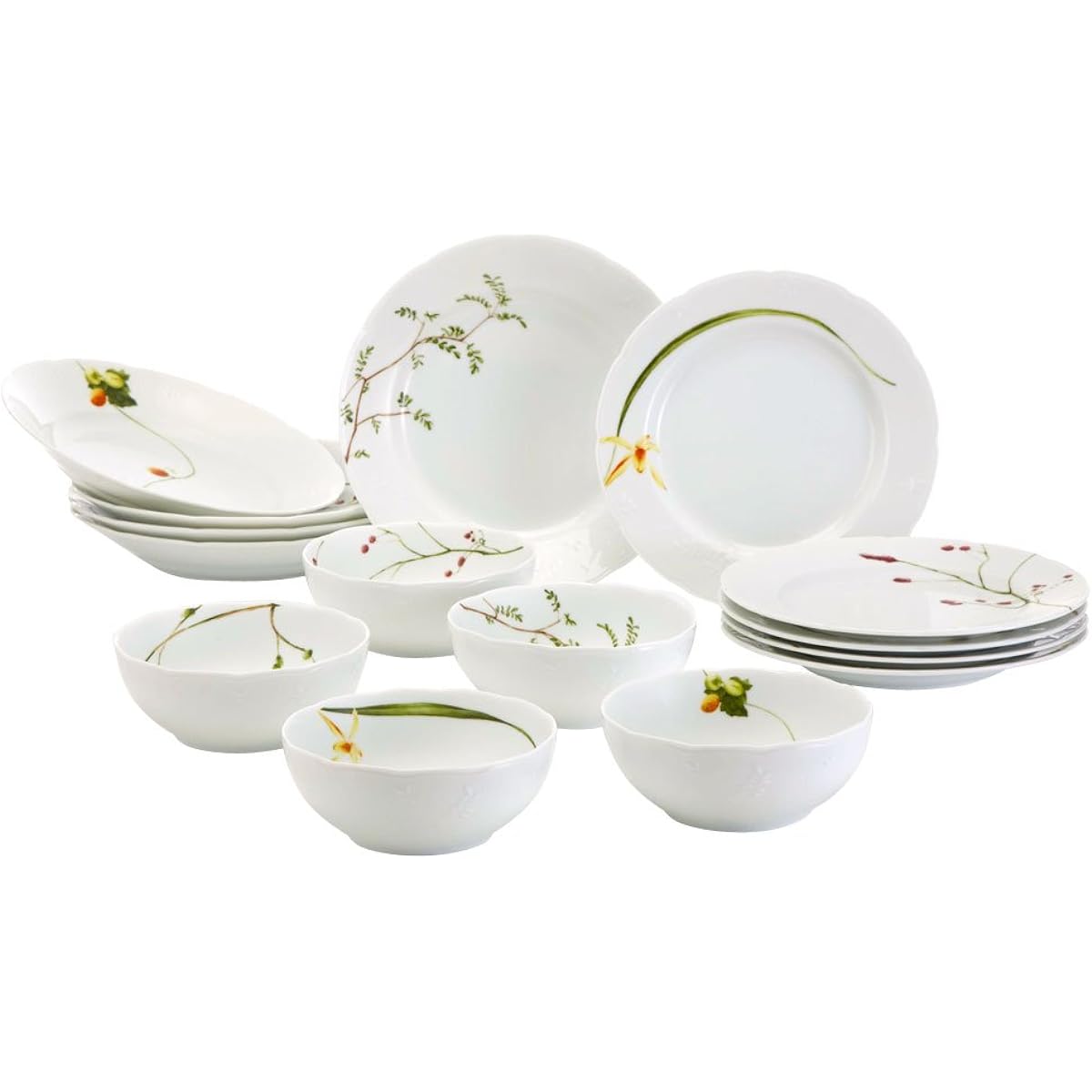 NARUMI Tableware Set Satohana Goyomi Green Floral 5 Pattern Set Cute Serves 5 People 15 Pieces Microwave Warmable Made in Japan Gift Box Included 40912-34275