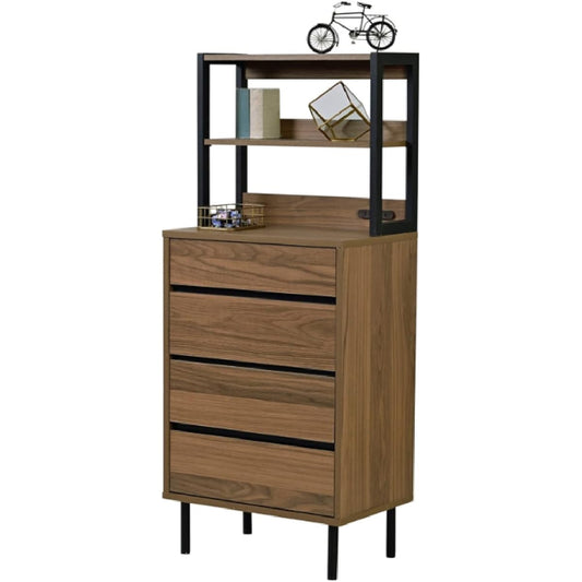 JK Plan High Chest Width 60 Chest with Rack Slim Chest 4 Tiers Wooden Slim Scandinavian Storage Black Brown with Legs Sideboard Depth 30cm With Drawer Width 50 FMC-0004-BB