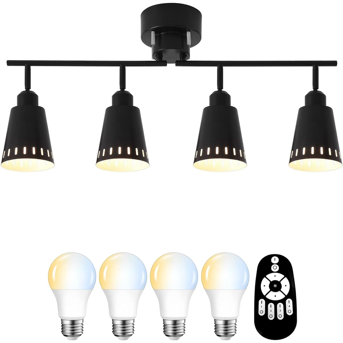 PNRLUX Ceiling Light, 4 Lights, 6 Tatami (8 Tatami Mat), E26 Base, Power Consumption, 8.3 W (60 W Equivalent), 900 LM, LED Bulb, 60W Shape, Dimmable, Toned, Remote Control, Spotlight, Northern Europe,