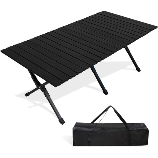 Outdoor Folding Table Roll Top Table Lightweight Compact Camping Table Easy Assembly Storage Bag Included Interior Portable (120cm x 60cm x 45cm Black)