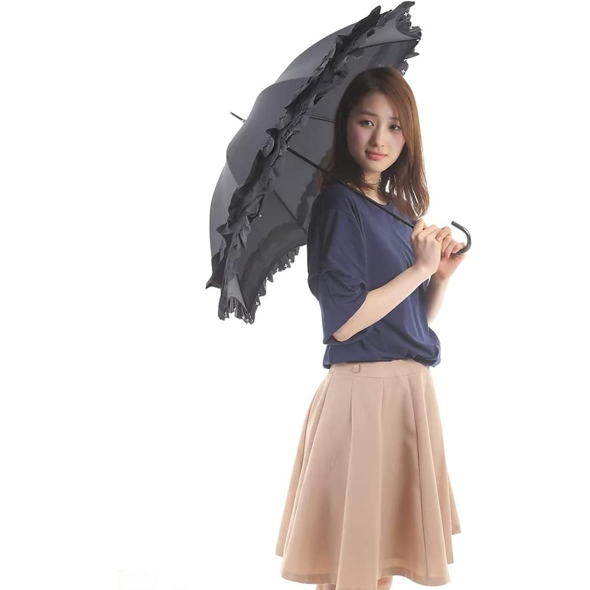 Parasol for both sun and rain, UV protection, 90% UV shielding rate, two-tiered ruffle, 50cm, hand-opening umbrella