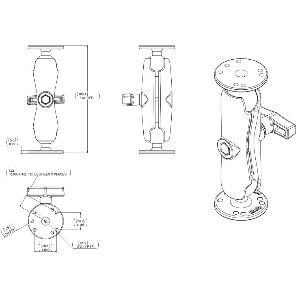 RAM MOUNTS 2 Round Bases & Standard Arm Set AMPS Hole Pattern 1.5 Inch Ball RAM-101U Black