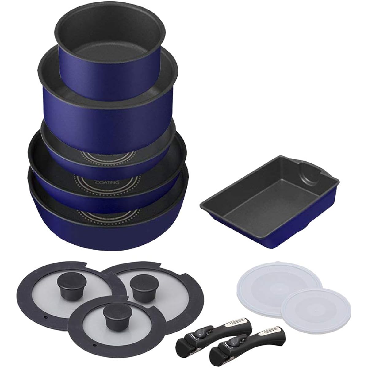 Iris Ohyama Frying Pan Set, Frying Pan Set, IH, Compatible with Gas Fire, 13 Pieces, Diamond Coated Pan, Blue, Lightweight, Removable Handle, Easy to Clean without Sticking H-IS-SE13P