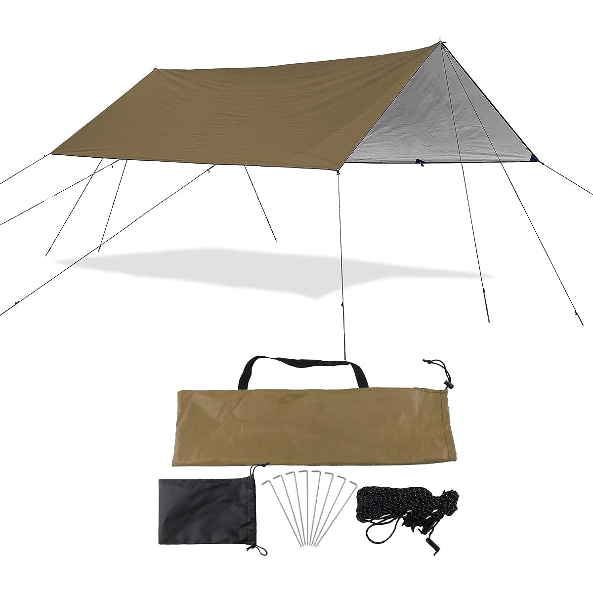 Sutekus Waterproof UV Blocking Tarp for 2-6 People Sun Shelter Shade Wide 3X3.8m Wind String Peg with Storage Bag Water Pressure Tested (Khaki)