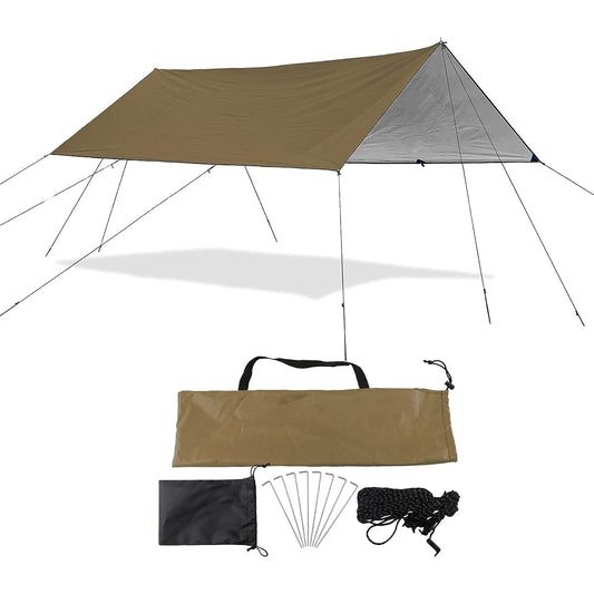 Sutekus Waterproof UV Blocking Tarp for 2-6 People Sun Shelter Shade Wide 3X3.8m Wind String Peg with Storage Bag Water Pressure Tested (Khaki)