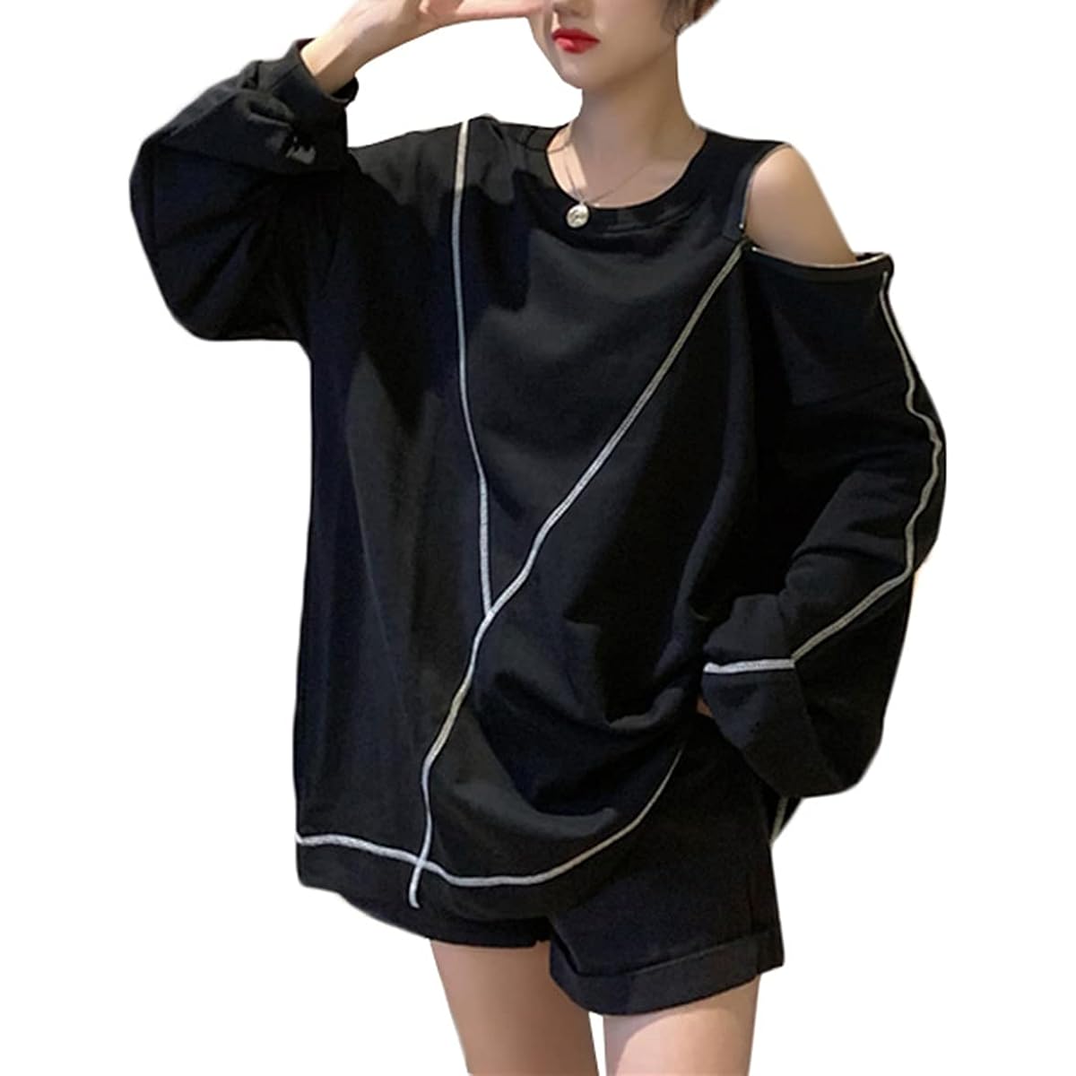 [YYQ-SHOP] Women's Parka, Long Sleeve, Off Shoulder, Pullover, Sweatshirt, Switchable, Fashion, Cut and Sew, Off Shoulder Tops, Harajuku Style, Stylish