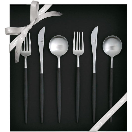 Genuine Cutipol GOA Goa Black/Matte Silver Dessert 6 Piece Gift Set in Cosmetic Box Genuine Ribbon Hanging (2 each Knife/Fork/Spoon)