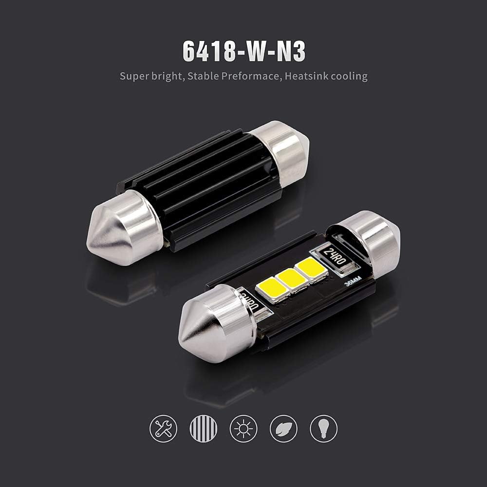 SIRIUSLED Super Bright 2835 Chipset Kanbus Error Free LED Fest Toon Light Ball Car Truck Interior Number Plate Dome Curte Sea Light 1.50 inch 36mm FESTOON 6418 C5W 6000K Kissenon White 2 Pack