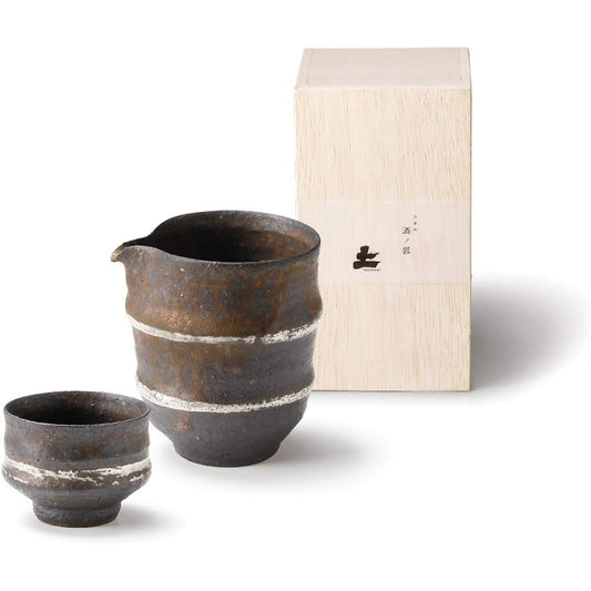 Marui Seito Shigaraki Ware Hechimon Sake Cup Set in Wooden Box Kinyo MR-3-3001