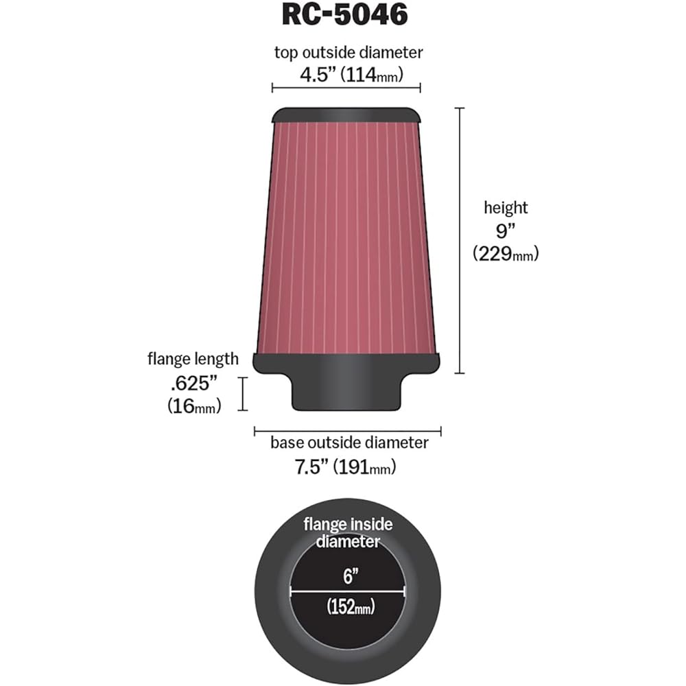 K & N Universal Lump on Air Filter: High performance, premium, washing, replacement filter: Flange diameter: 6 inches, 9 inches, flange length: 0.625 inches, shape: Round tapard, RC-5046