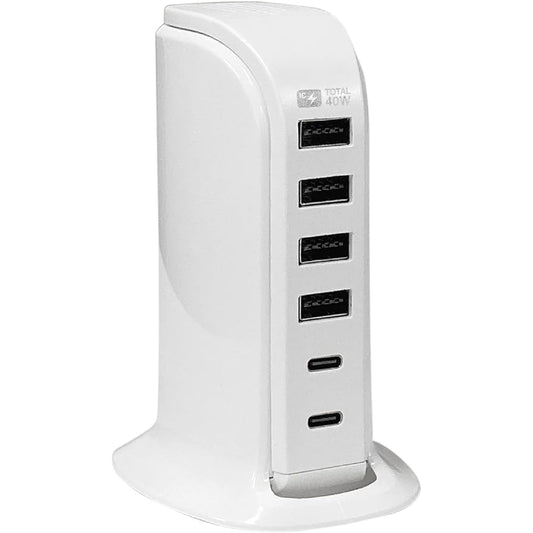 Kashimura Type-C2 Port/Reversible USB-A4 Port AC Charger Max 40W Tower Type Automatic Identification IC Equipped NAC-044 White