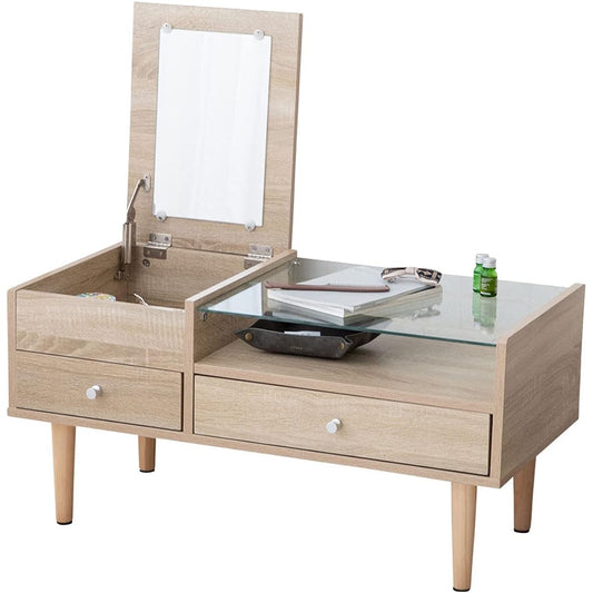 Emur Low Table Dresser Table Oak Glass Complete Product with Large Mirror Display Storage 2 Drawer Storage Cosmetic Storage