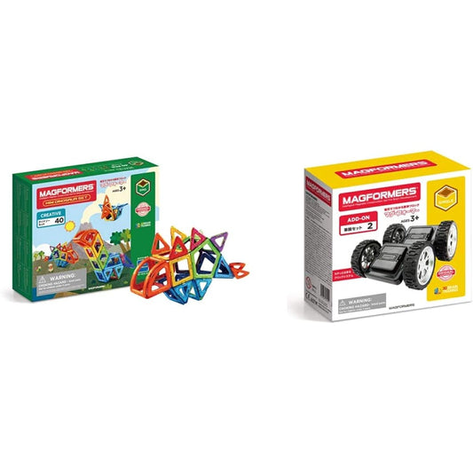 Bornelund MAGFORMERS Dinosaur Set [40 pieces] [Japanese play booklet included] Approximately 3 years old MF708003J & MAGFORMERS Wheel Parts Set [Set of 2] Target age 3 years old MF713009J [Set purchase]