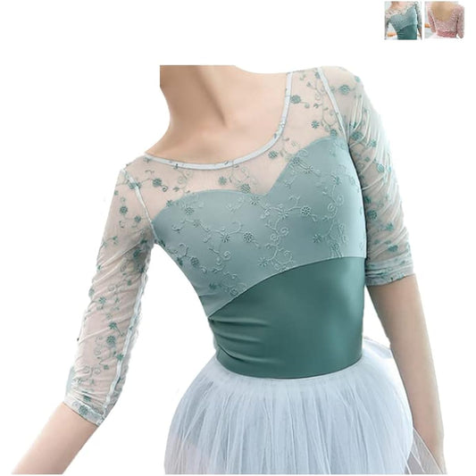 ProDance Pink Mint Long Sleeve Embroidery Cute Stylish Ballet Leotard PLL015M