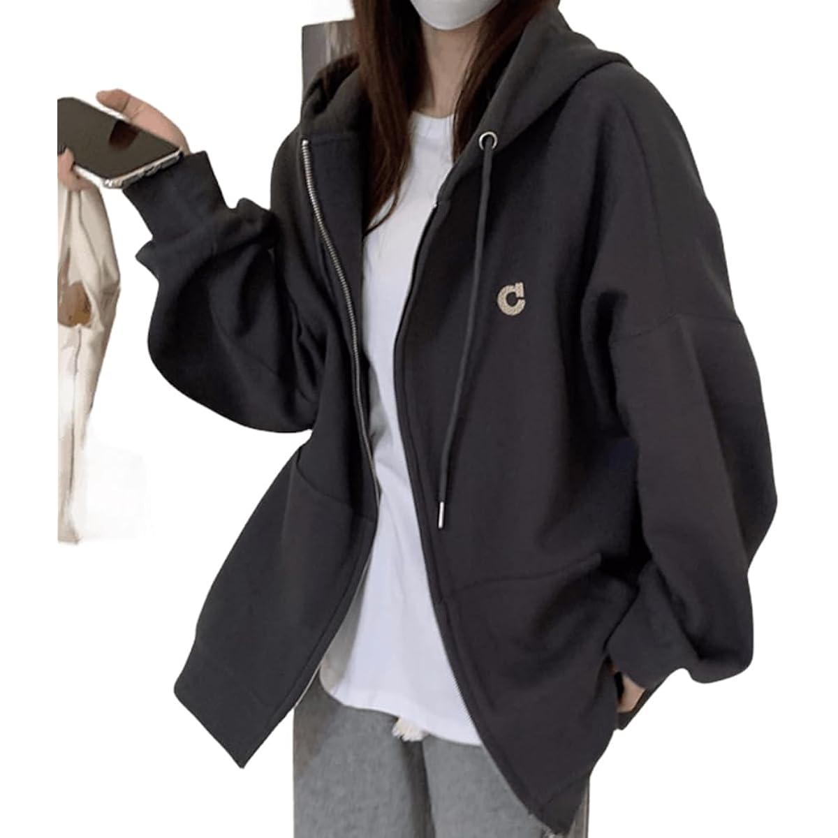 [Vincent house] Women's Parka, Tops, Outerwear, Zip Parka, Large Size, Loose, Hooded, Spring, Autumn, Winter, Stylish