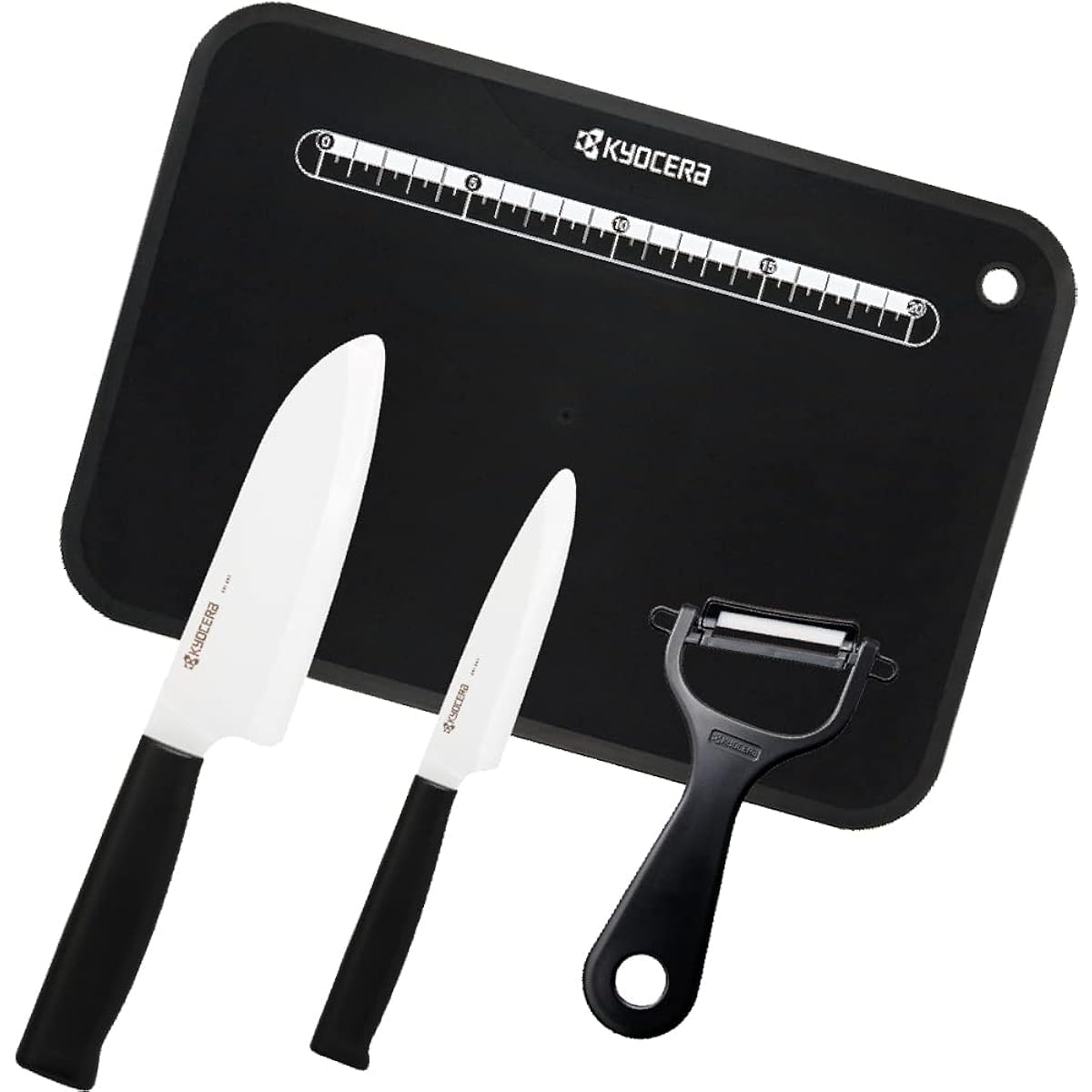 Kyocera Ceramic Knife Peeler Cutting Board 4 Piece Set Light, Sharp and Cleanly Cuts Knife Santoku Small 14cm Petty 11cm Hard Ceramic Knife GF-CK441B-AZ that stays sharp for a long time