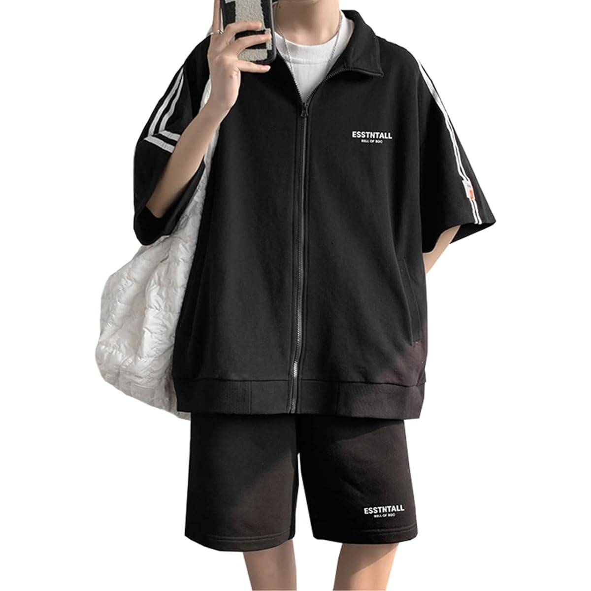 [ANGELCITY] Summer Short Sleeve Jersey, Men's Sweatshirt, Top and Bottom Set, Plain, Half Sleeves, Shorts, Setup, Open Front, Zipper Top, Shot Pants, 2 Piece Set, Summer Clothes, Autumn Clothes, Sportswear, Loungewear, Running Wear, Large Size L283