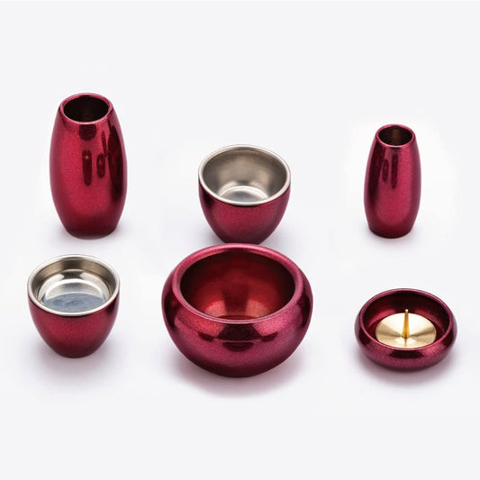 Buddhist altar equipment Shirma Shikibu Wine Red 6 pieces 2.0 dimensions Modern Buddhist altar copper brass round cute mini Buddhist altar set (Shikibu wine red) Buddhist altar