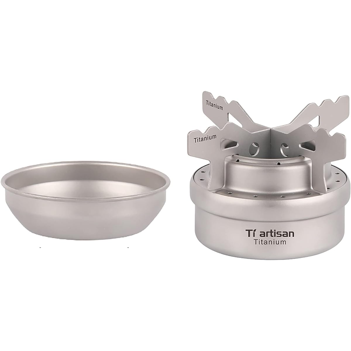 Ti artisan titanium alcohol stove camp stove is a lightweight, convenient, outdoor stove with a holder and lid.