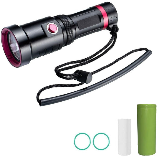 Bamboo Dive! Diving Light, Underwater Light, Flashlight, IP68, Waterproof, 3 Lighting Modes, 3000 Lumens, Charger Included, Battery Included, LED, Night Diving, Disaster Prevention, Fishing, Camping, Climbing (Red, Light + 26650 Lithium Ion Battery)