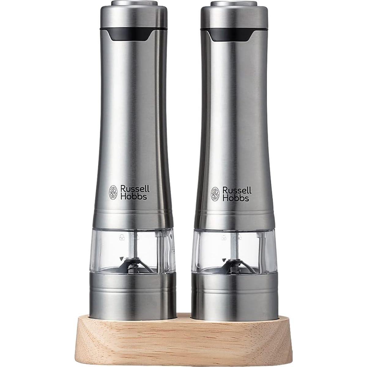 Russell Hobbs Electric Mill Salt & Pepper Rock Salt Pepper Spices Adjustable Coarseness Set of 2 Wood Stand Set Silver 7923JP
