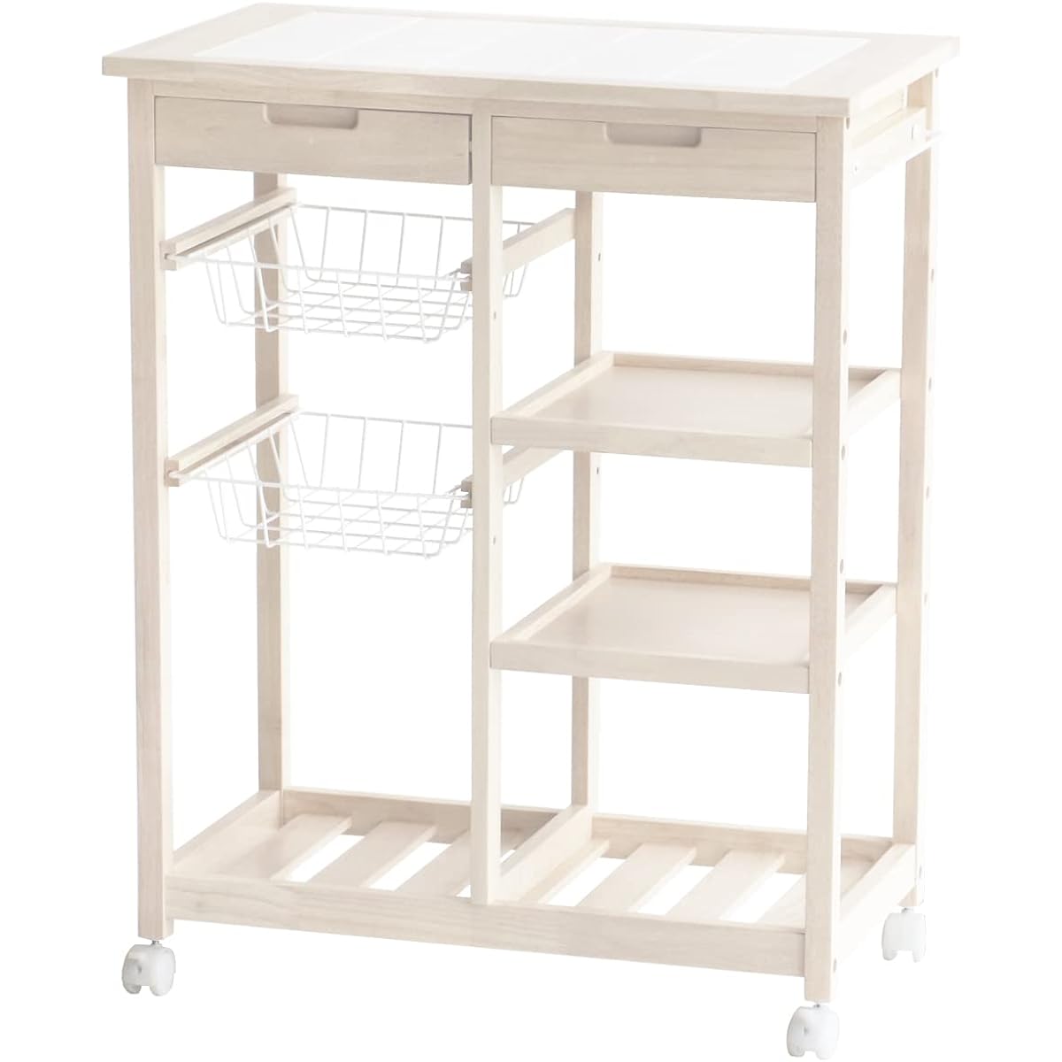 Kitchen Wagon Tile Top Board White Tile with Drawers and Casters Kitchen Storage Kitchen Rack Basket Wooden Natural Wood Baby Wagon Work Table Sub Table Easy to Clean Soup Basket Wagon [W-3564]