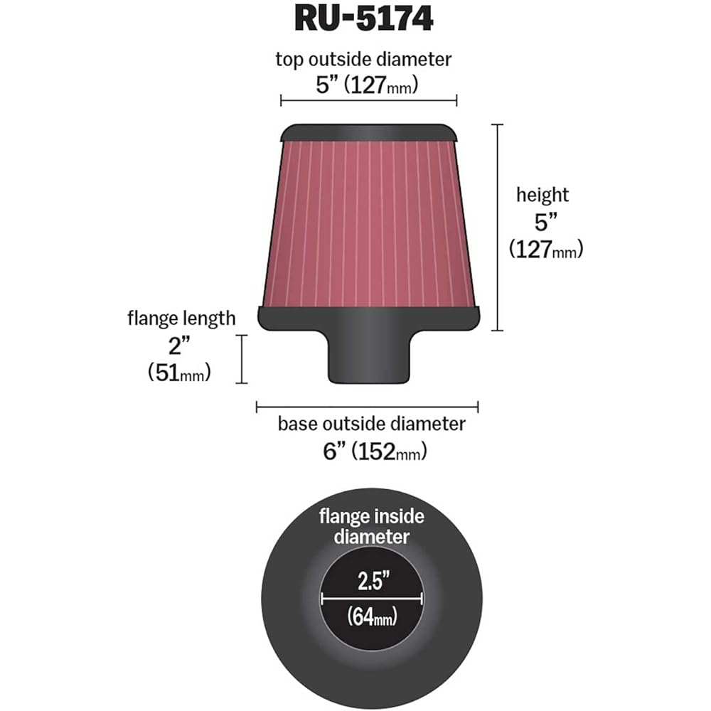 K & N General-purpose clamp-on air intake filter: high performance, premium, washable, replacement air filter: Flange diameter 2.5 inches, 5 inches, 2 inches, shape: Round tapered RU-5174