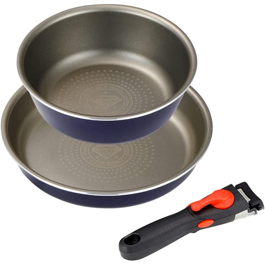 iMedia Frying Pan 3 Piece Set 24cm Deep 20cm Detachable Handle IH Compatible Diamond Coated Pan Diamond Processing Removable Handle Easy to Clean Non-Stick Stir-Fry Pot Navy