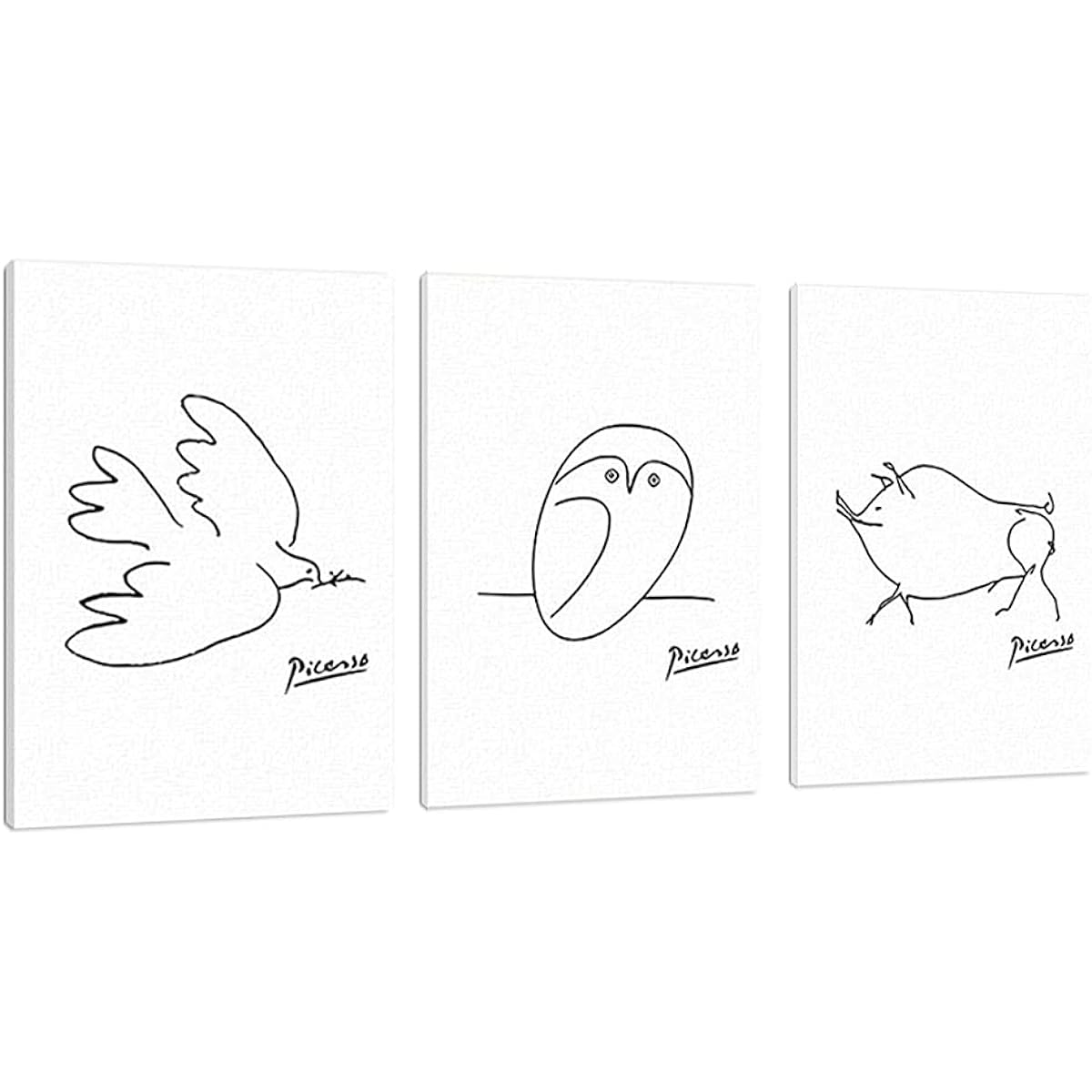 CREA Art Panel Picasso Multiple Set Wall Hanging Interior Painting Modern Design Clean Simple Stylish Cute White Entrance Living Room Animal Luck Happiness (Pigeon, Owl, Little Pig, 3)