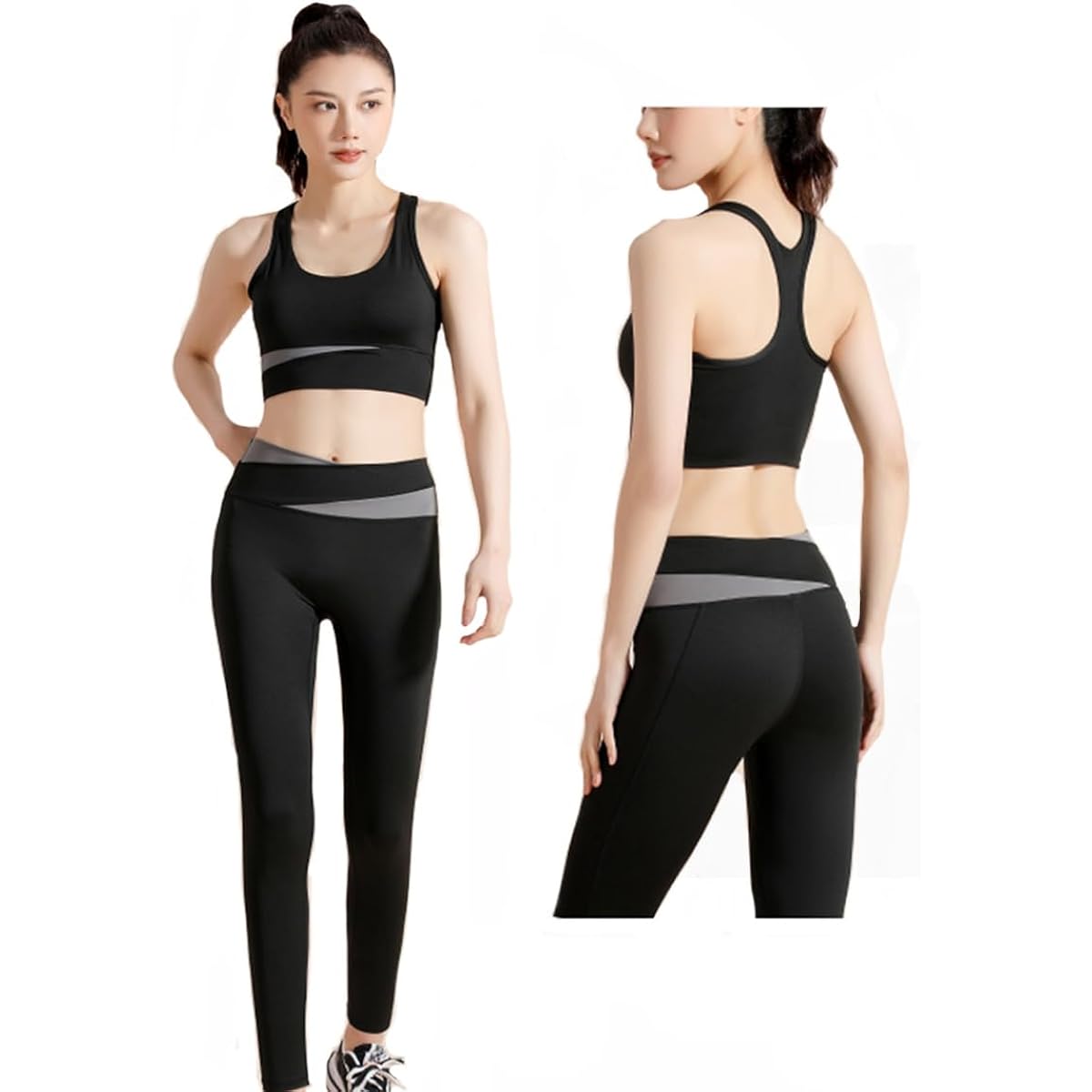 [Kesaeki] Women's Yoga Wear, Sportswear, Non-swaying Yoga Wear Top and Bottom Set, Stylish Training Wear, Women's Yoga Wear, Comes with a Cup, Yoga Clothes, Women's Gym Wear, Breathable, Stretchy, High Support, Sweat Absorbent, Quick Drying