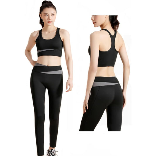[Kesaeki] Women's Yoga Wear, Sportswear, Non-swaying Yoga Wear Top and Bottom Set, Stylish Training Wear, Women's Yoga Wear, Comes with a Cup, Yoga Clothes, Women's Gym Wear, Breathable, Stretchy, High Support, Sweat Absorbent, Quick Drying