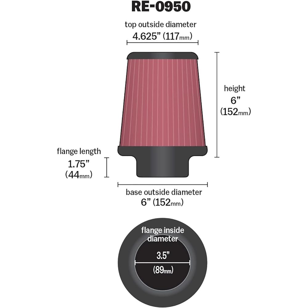 K & N Universal Lump On Air Intake Filter: High-performance Premium Washable replacement Filter: Flange diameter: 3.5 inches, filter height: 6 inches, flange length: 1.75 inches, round tapered shape, RE-0950, black/red