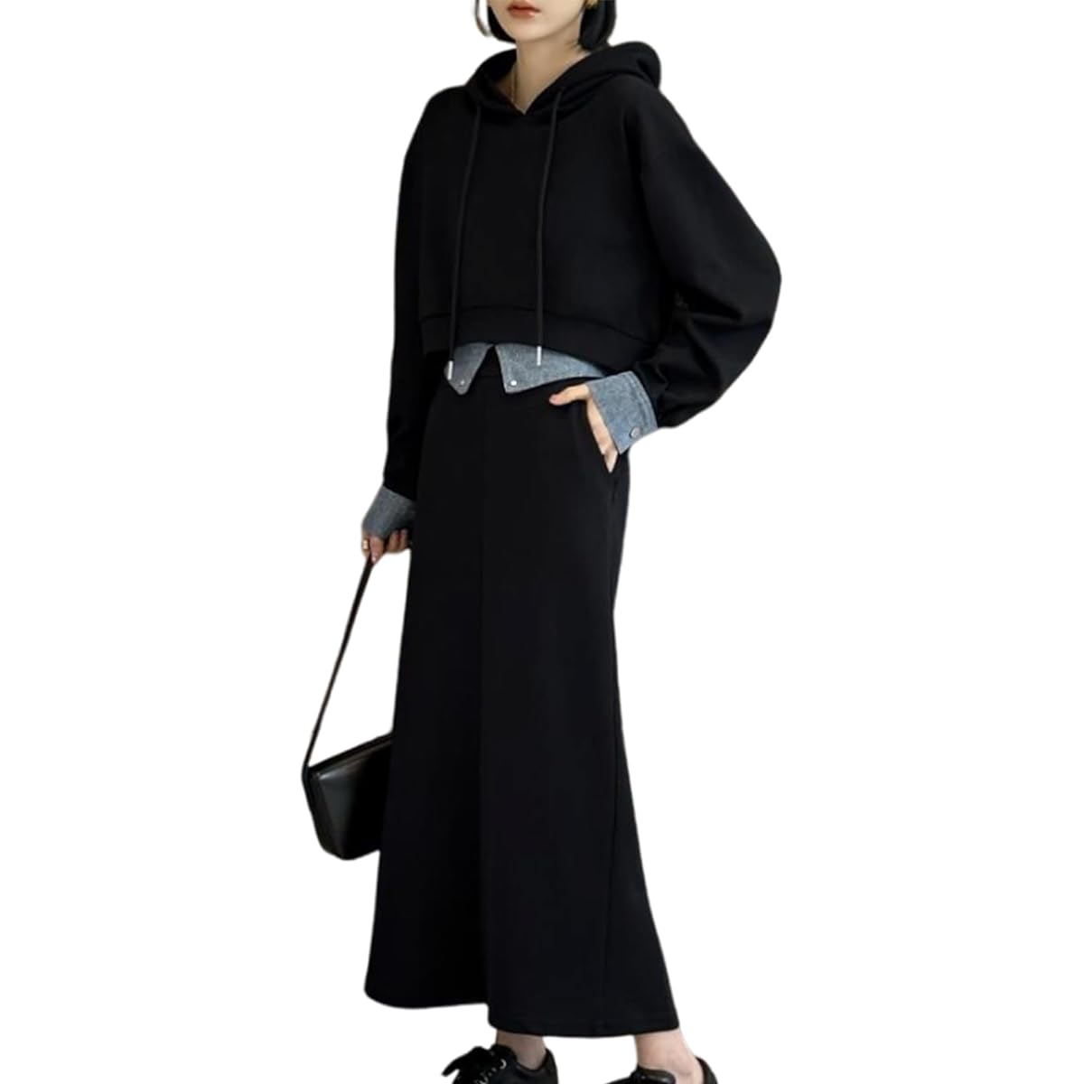 [Neiman Bai] Setup Hoodie Sweatshirt Color Scheme Layered Denim Style Skirt 2 Piece Set