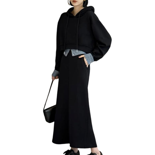 [Neiman Bai] Setup Hoodie Sweatshirt Color Scheme Layered Denim Style Skirt 2 Piece Set