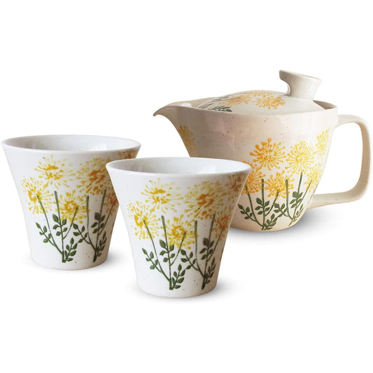 J-kitchens Isaozan Kiln Teapot Tea Cup Pair Set Hasami Ware Made in Japan 240ml 130ml For 1 ~ 2 People Comes with Tea Strainer Wildflower Yellow