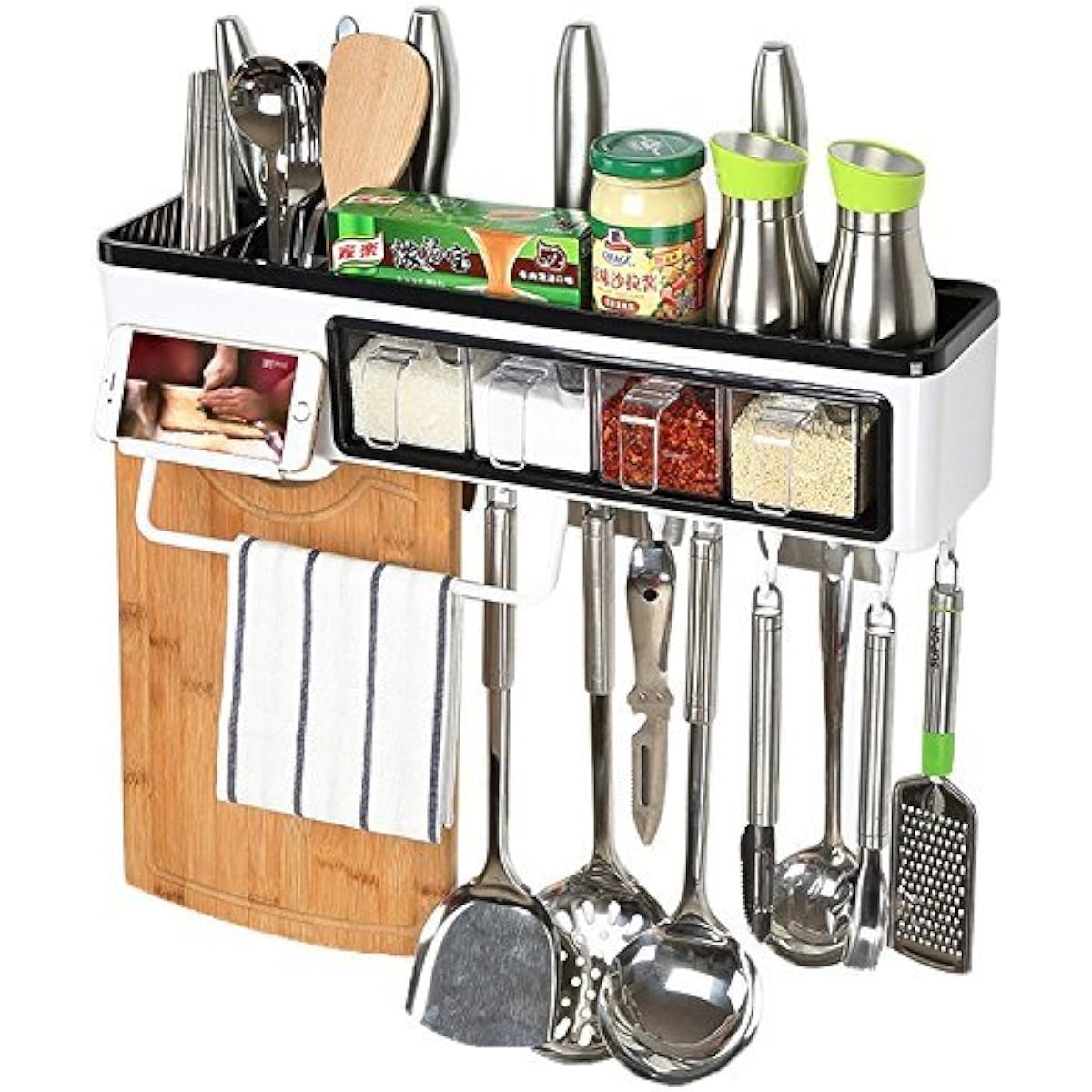 Kitchen Storage Rack Wall Hanging Multifunctional Seasoning Container Towel Rack Cutting Board Chopstick Holder Smartphone Stand Kitchen Tools Storage Shelf (Length 50*Width 12*Height 18cm)