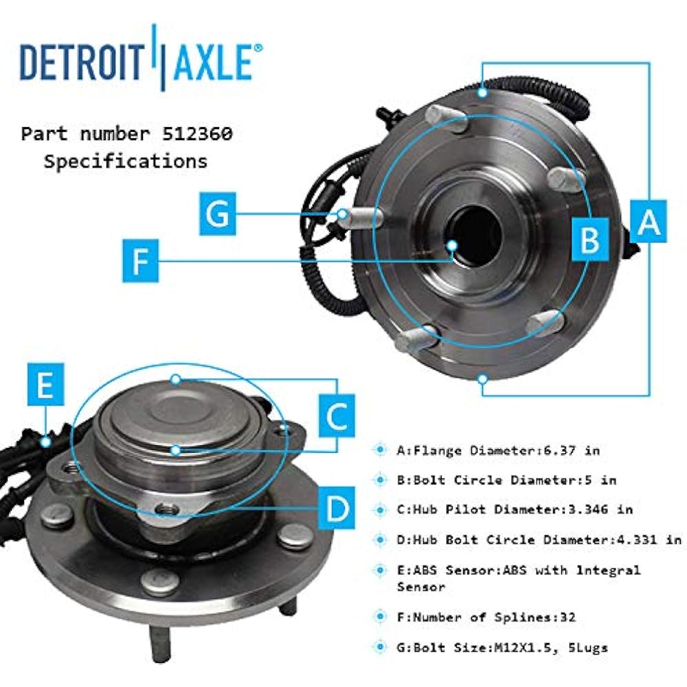 Detroit Axle 512360 Rear Wheel Bearing Hub Assembly (Set of 2) with ABS 2008-2011 DODGE Grand Caravan, Town & Country/ 2009-2012 VW Routan