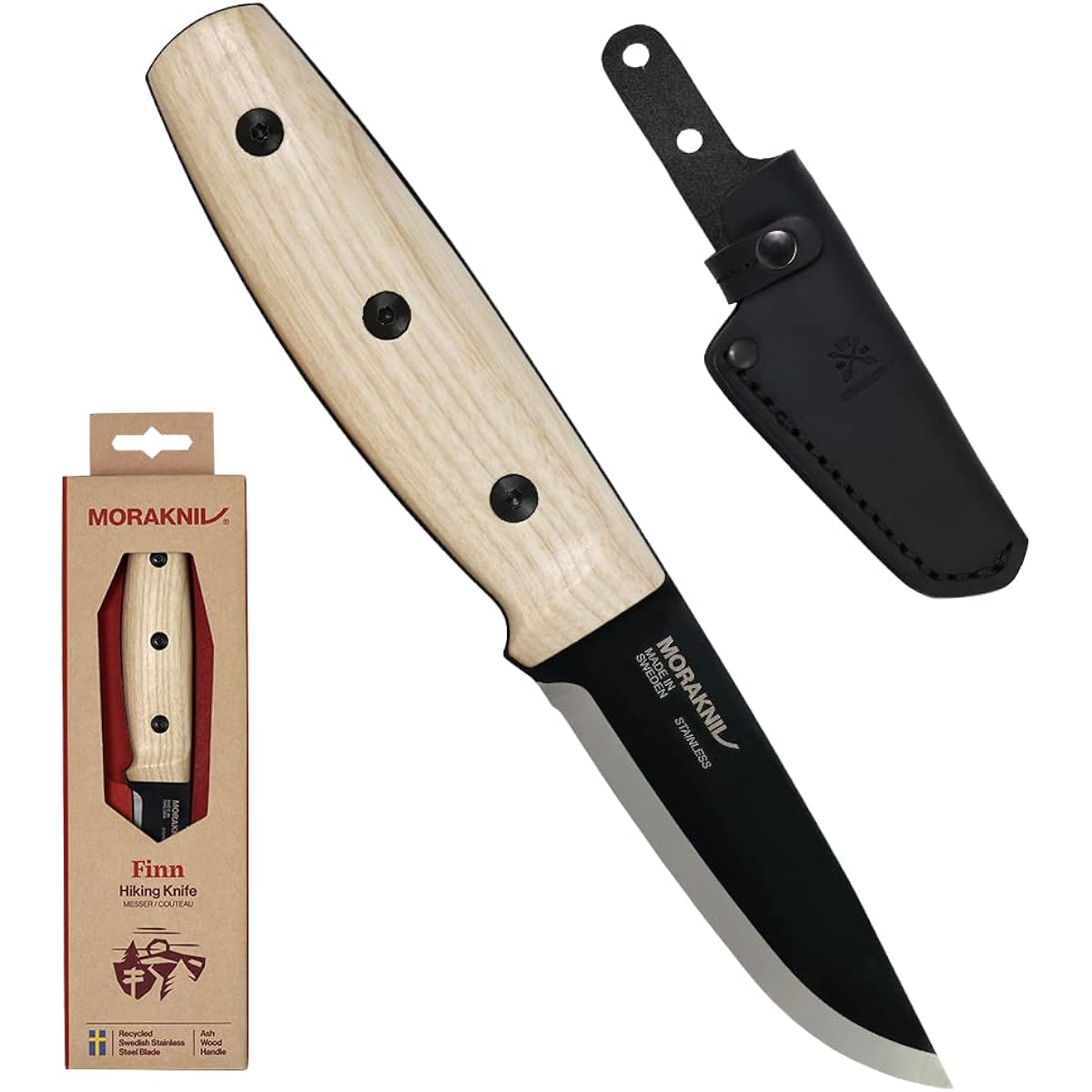 Morakniv Fin Black Blade Stainless Steel Ash Wood Full Tang Knife Small Knife Wooden Handle Blade Thickness Approx. 2.0mm Camping Knife Outdoor Knife